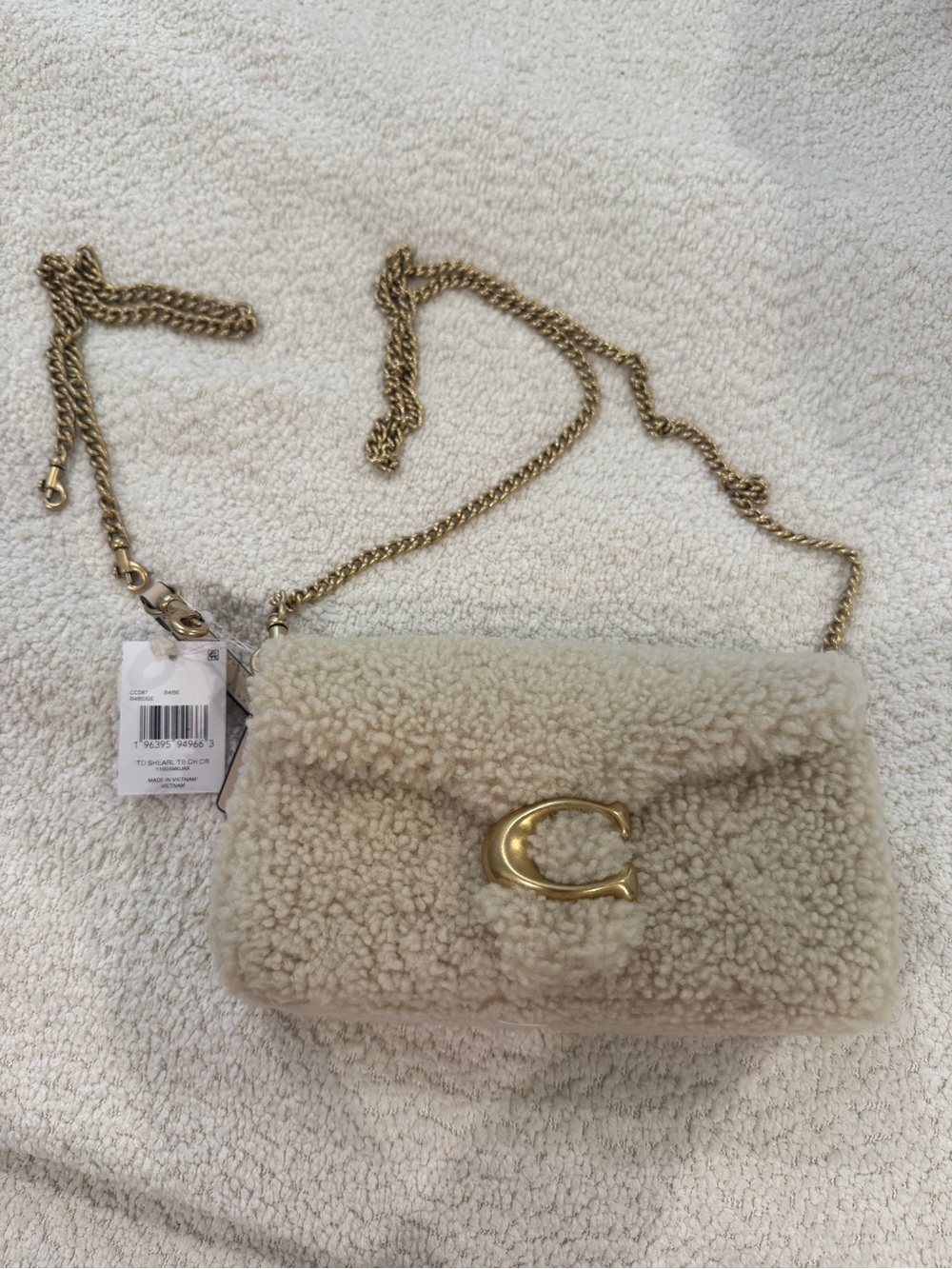 Coach Cream Shearling Crossbody with Gold Chain